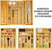 HOMESTEAD Drawer Organizer Kitchen Utensils - Silverware Drawer Organizer Tray, Bamboo Drawer Dividers Expandable for Kitchen, Bedroom, Office and Cosmetics 8-10 Compartments